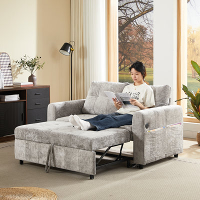 Gray Convertible Bed With And Side Pockets, Chenille Fabric, Space In Small Apartments Modern Upholstery, Port, Storage, Spaces