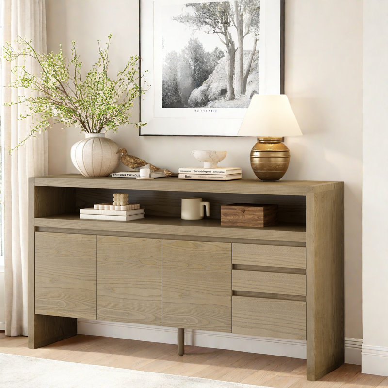 3-door Sideboard With 3 Drawers, A Semi-open Shelf And A Cable Hole, Natural