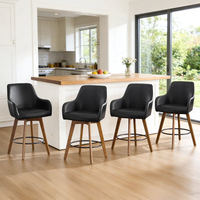 Set of 4 Swivel Upholstered 25'' Counter Stool with Solid Wood Frame & Full Back Arms
