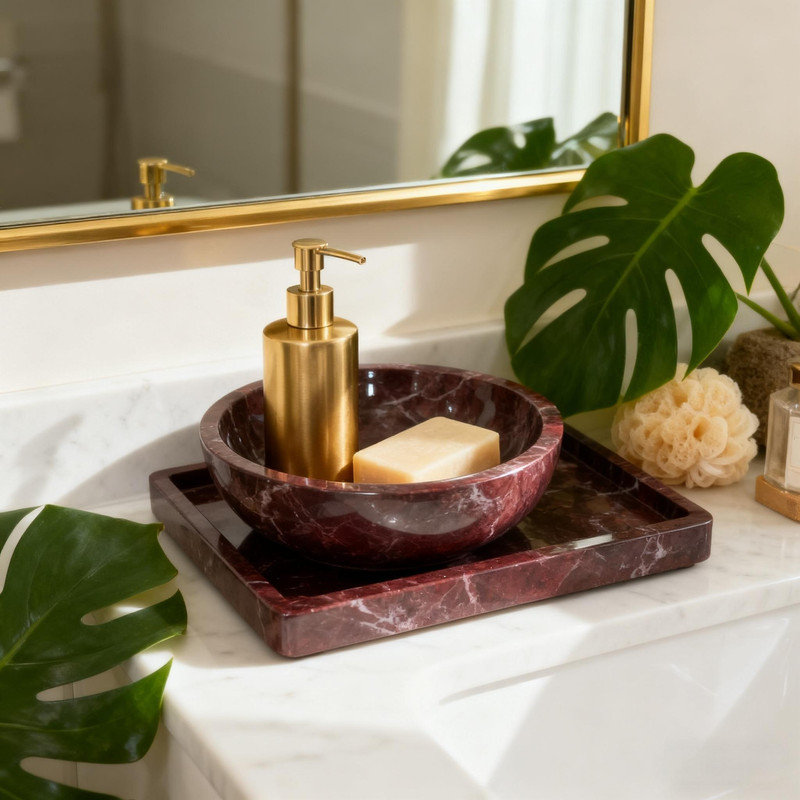 Bol en marbre bourgogne, plateau rond en pierre de 5,9 pouces pour centre de table et rangement pour meuble-lavabo, Bourgogne