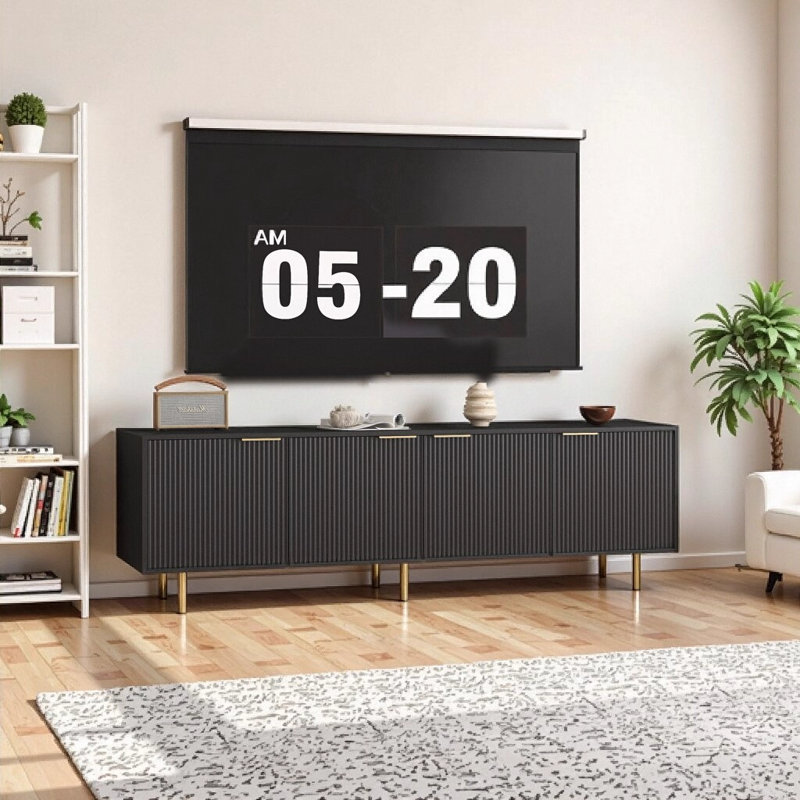 Meuble télé 68 pouces à cannelures noires modernes avec portes de rangement, console multimédia pour téléviseur de 55 pouces et plus, meubles de salon avec pieds en métal doré