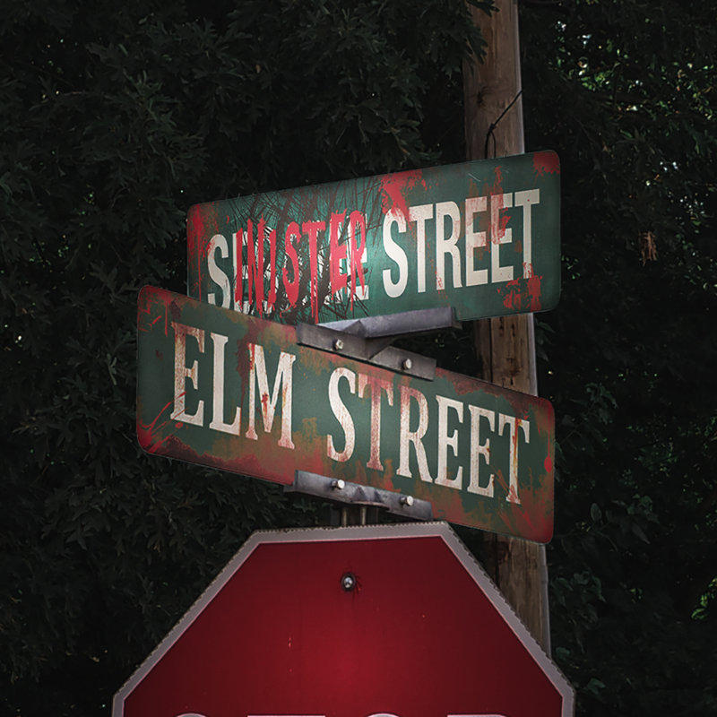 Elm & Sinister Metal Bloody Street Sign 2pc Scary Halloween Haunted House Prop Elm & Sinister Metal Bloody Street Sign 2pc Scary Halloween Haunted House Prop