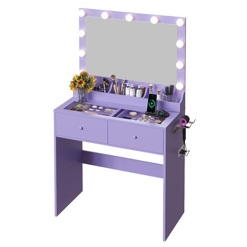 Bureau de meuble-lavabo avec lumières 3 couleurs - plateau en verre, 2 tiroirs et multiprise, Mauve