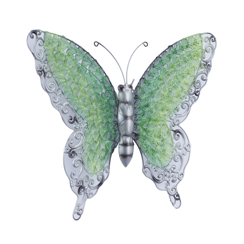 Décoration murale papillon en métal avec détails à volutes argentées, H 16 po x l 21 po x P 1 po, Vert