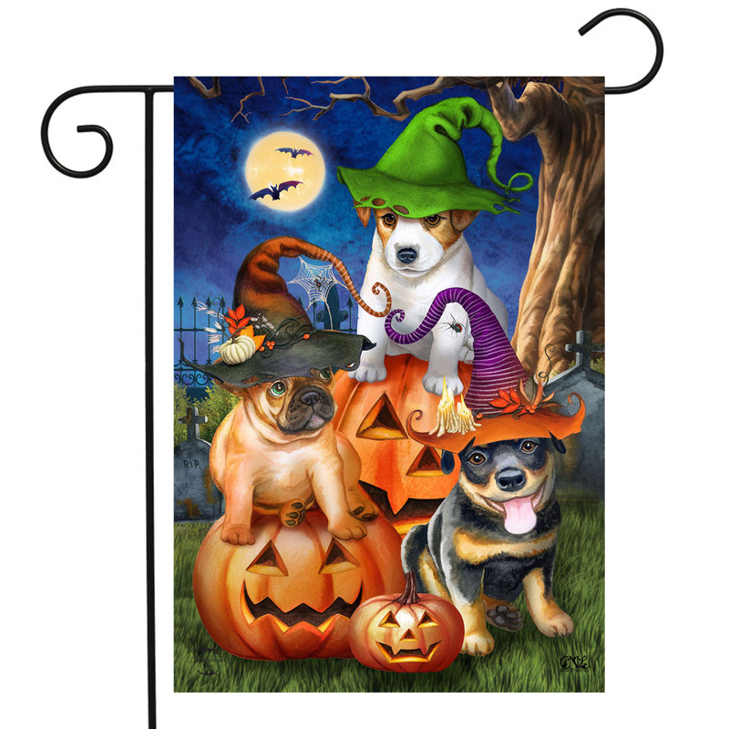 Drapeau de jardin Spooky Pups, Orange / noir / brun / vert