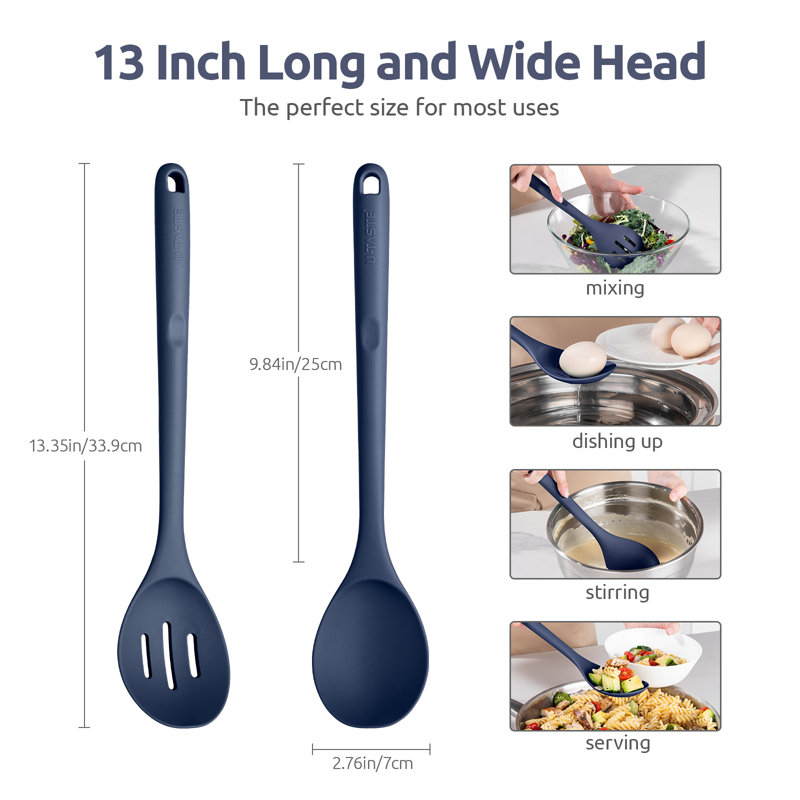 Cuillères en silicone résistantes à la chaleur de 600 ° F: cuillère de cuisine solide et rainurée U-Taste 13,3 po, long ustensile en caoutchouc antiadhésif, robuste pour mélanger, servir, remuer, égoutter (bleu minuit, 2 pièces)