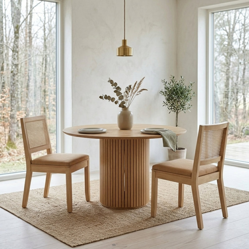 Chaises de salle à manger modernes en bois massif avec dossier en rotin, chaises d'appoint en lin brun clair (ensemble de 2) 