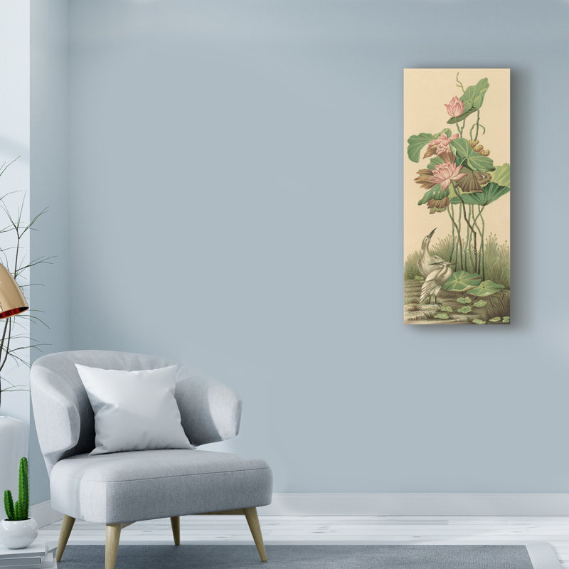 «Crane and Lotus Panel I», reproduction d'impression sur toile tendue, H 32 po x l 14 po x P 2 po