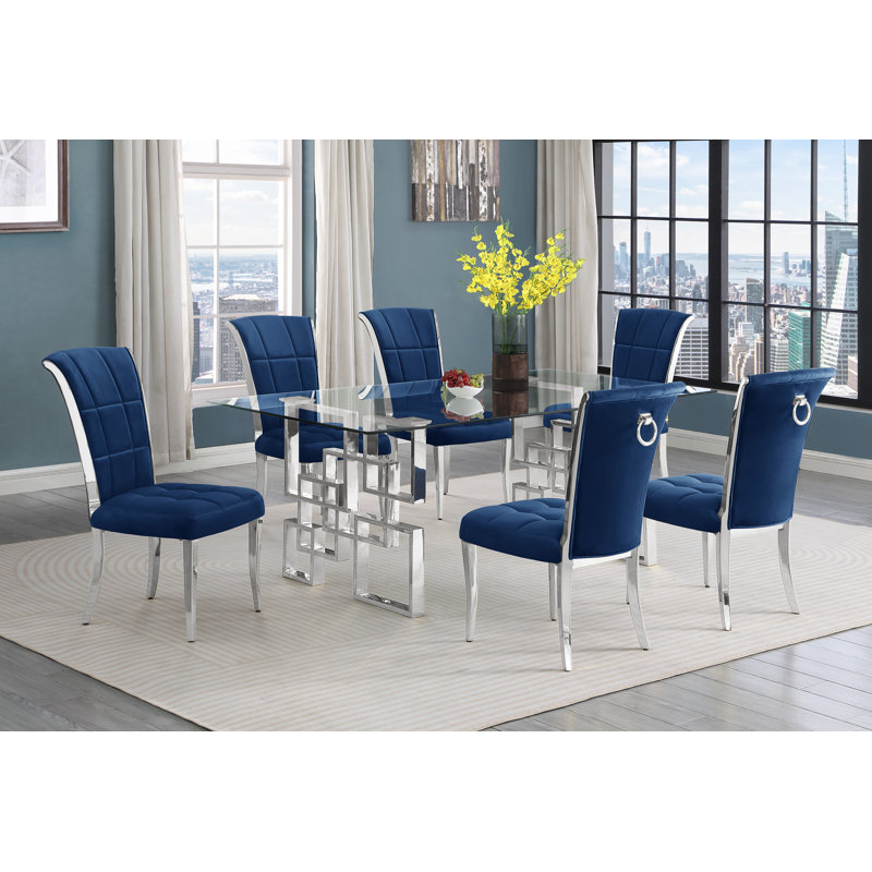 Joneisha Clear Tempered Glass 79'' L x 40'' W Dining Set with Velvet Chairs, Cream/Silver, Silver, 7
