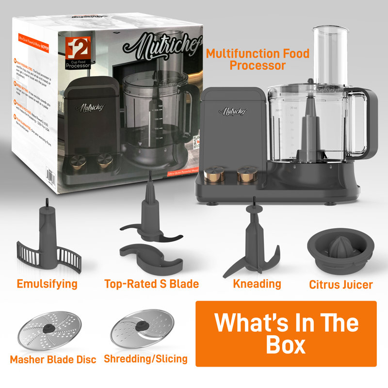 NutriChef Ultra Quiet Black Chrome 2L Food Processor with 6 Blades