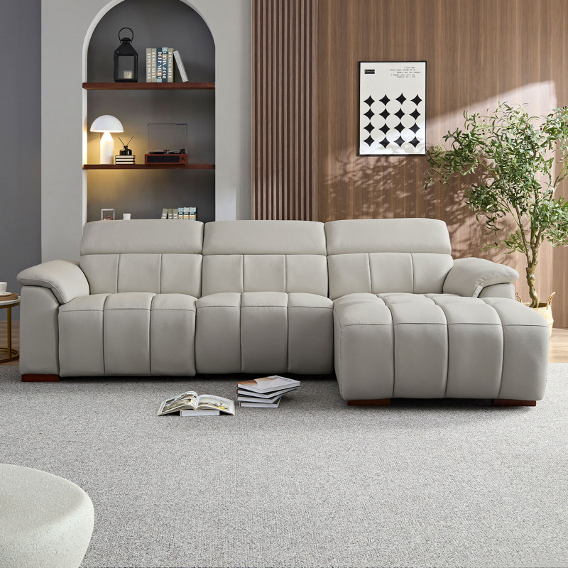 Canapé modulaire inclinable électrique en cuir véritable avec port USB, Accoudoir à droite (vu de face), Cuir véritable gris