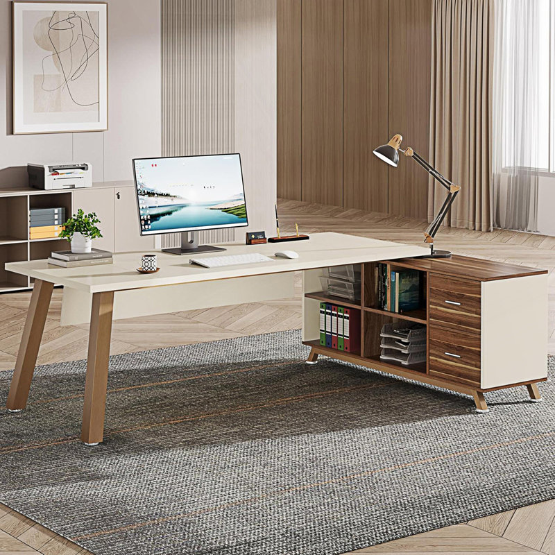 Bureau de direction en L avec classeur, grand bureau d'ordinateur moderne