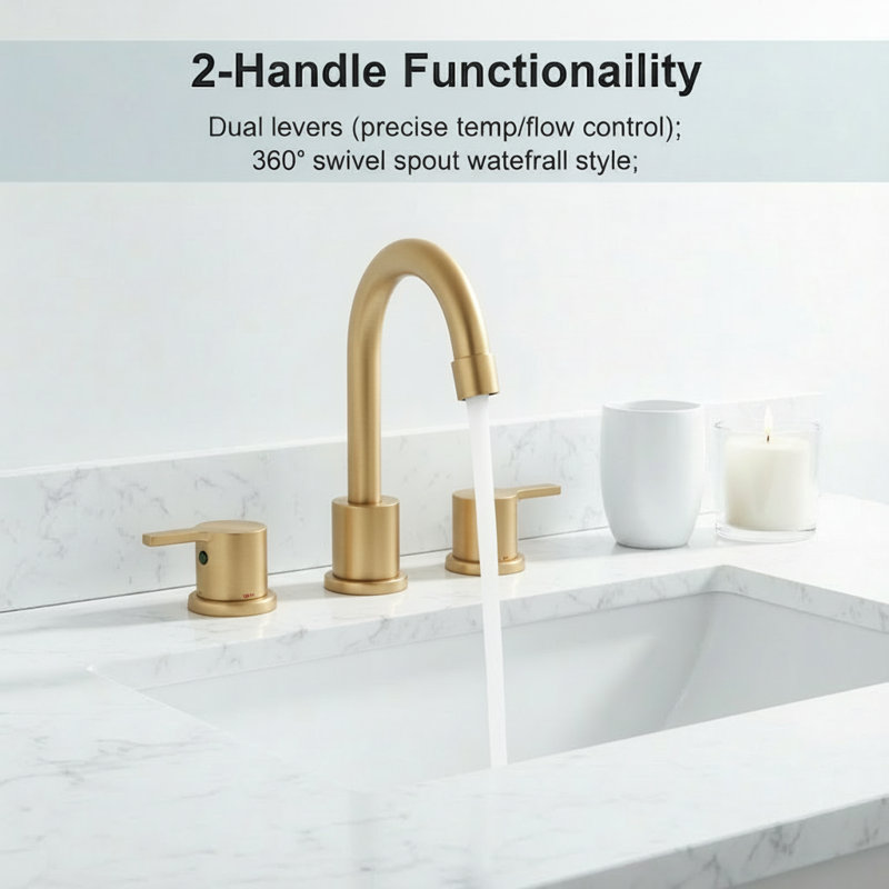 Modern Brushed Gold High-Arc Widespread Bathroom Faucet With Pop-Up Drain Assembly & Supply Lines, Brushed Gold