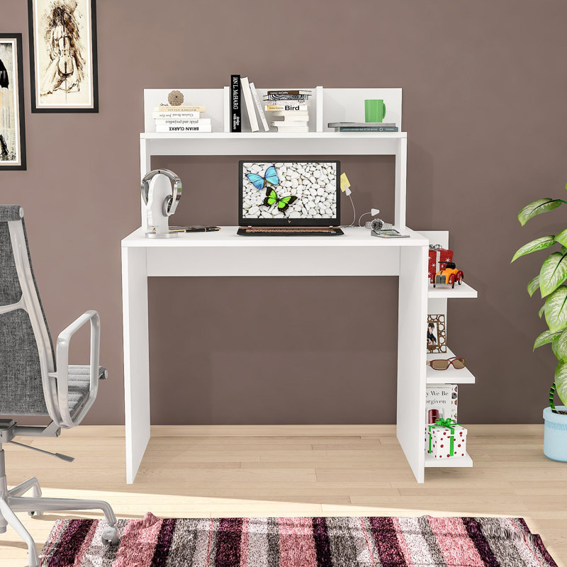 Modern White Study Desk with Wall-Mount Capability, 41.1 x 47.2 x 21.7 inches | 100% Melamine Coated Particle Board, 0.71 inches Thick | Multiple Shelves for Organization, Sleek Design for Home Office and Study Spaces