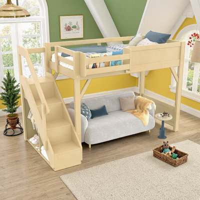 UnaNidus Twin Size Solid Wood Loft Bed With Built-In Wardrobe, Storage Shelves & Guardrails