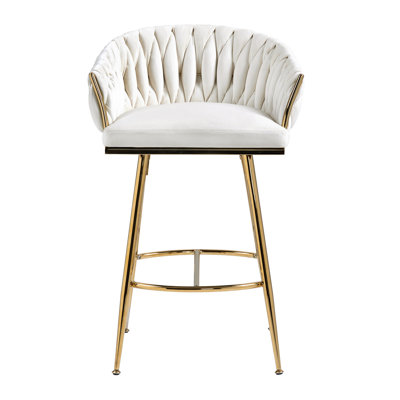 Tabouret de bar beige à dossier ondulé de 26 po, base chromée dorée, matériau de la peau, coussin à rebond élevé, pieds réglables, tabouret de velours, de dossier et de repose-pieds confortable pour la chambre à coucher et le bureau