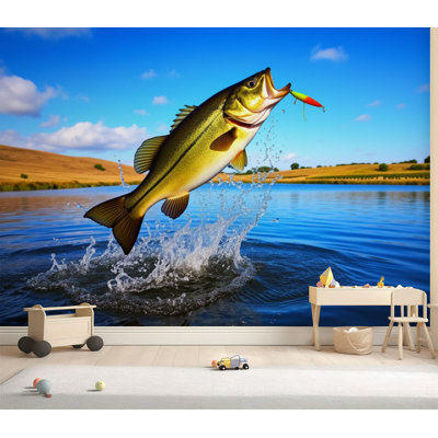 Wall Mural Peel and Stick Wallpaper Big Bass Large mouth Fishing lake blue sky dawn sunrise Self-Adhesive Removable Contact Paper Wall Decor for Living Room Bedroom 69"H x 96"W