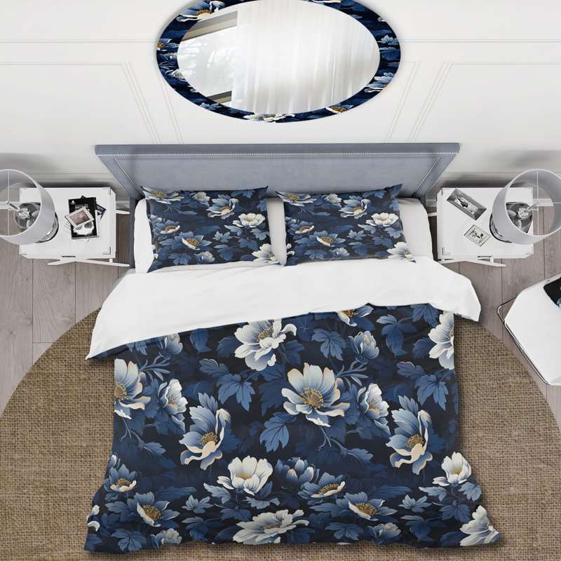 Nightfall Dark Blue And White Floral Pattern I Box Stitch Floral Duvet Cover, King Duvet Cover + 2 King Shams