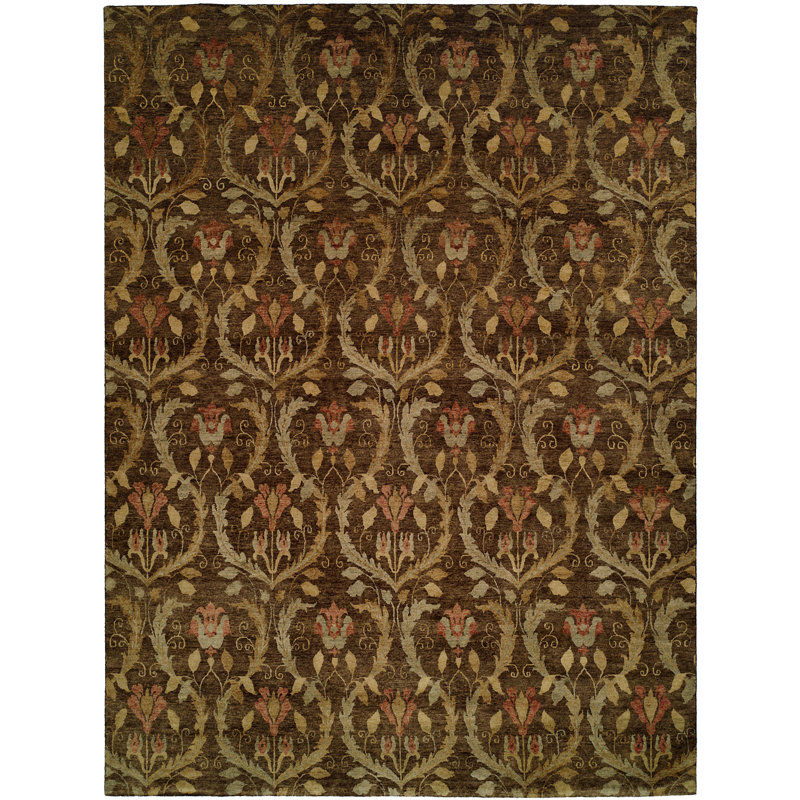 Tapis brun en laine noué à la main Damask, Rectangle 6 pi x 9 pi