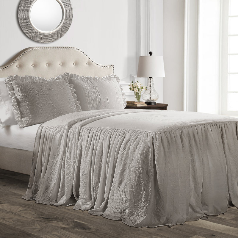 Reyna Microfiber Ruffle Skirt Bedspread Set, Gray, California King Bedspread  + 2 Cal King Shams