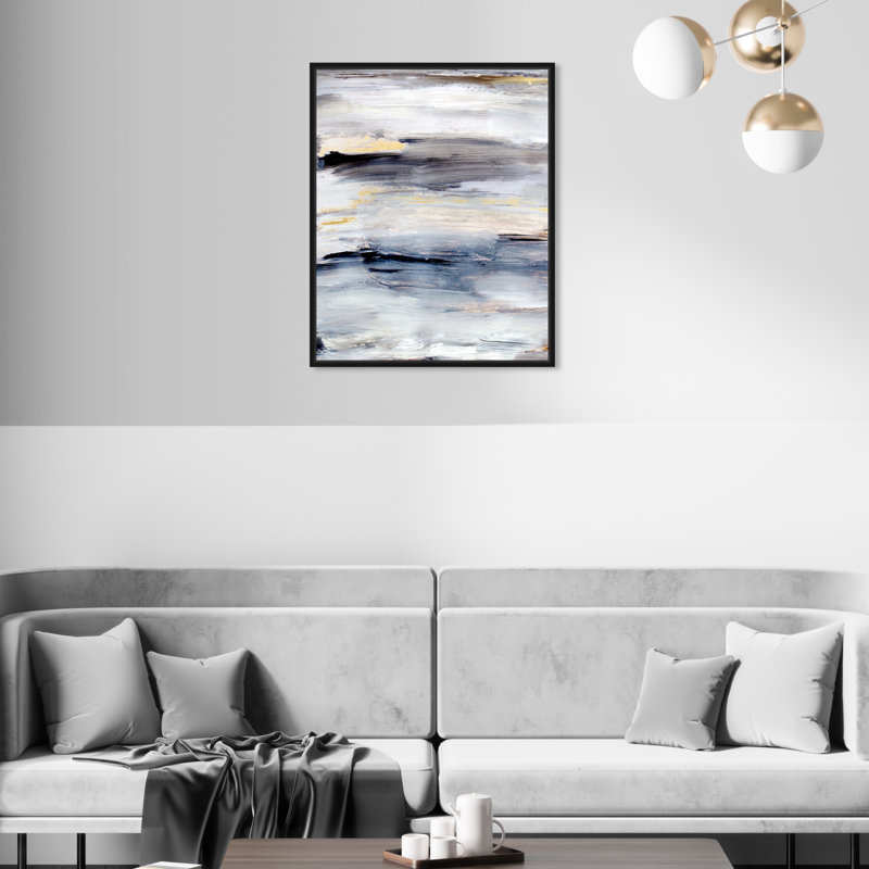 Modern Gray Brush Stroke Painting Print, Black Floater Framed, 21" H x 18" W