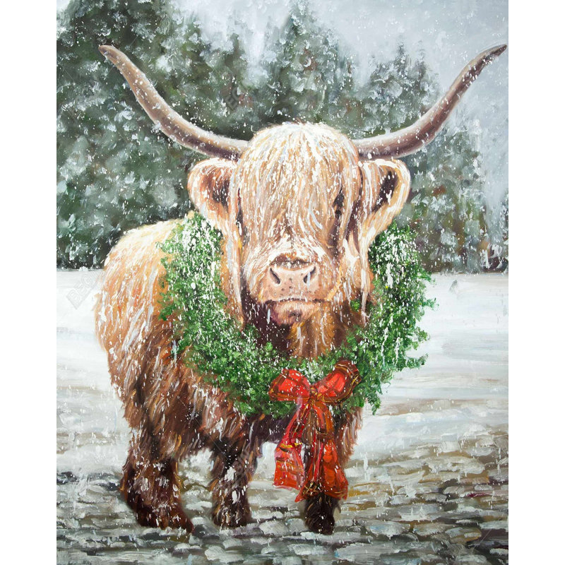 Vache Highland Christmas | Décoration blanche sur toile White Trees