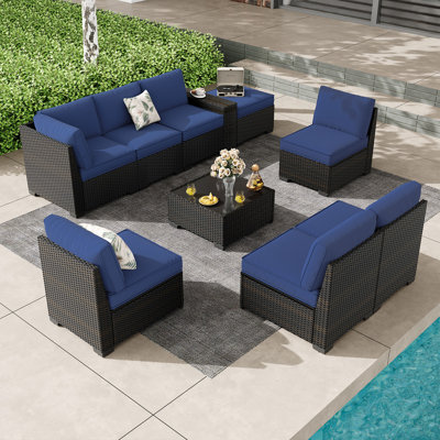 Ensemble de 9 meubles de patio extérieur, ensembles de conversation en osier avec table à thé, canapé de patio en rotin avec coussins épais pour le jardin, porche de jardin, bord de piscine