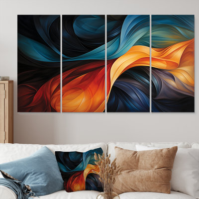 Retro Blue Orange Liquid Streams - Waves Wall Art Decor 4 Piece