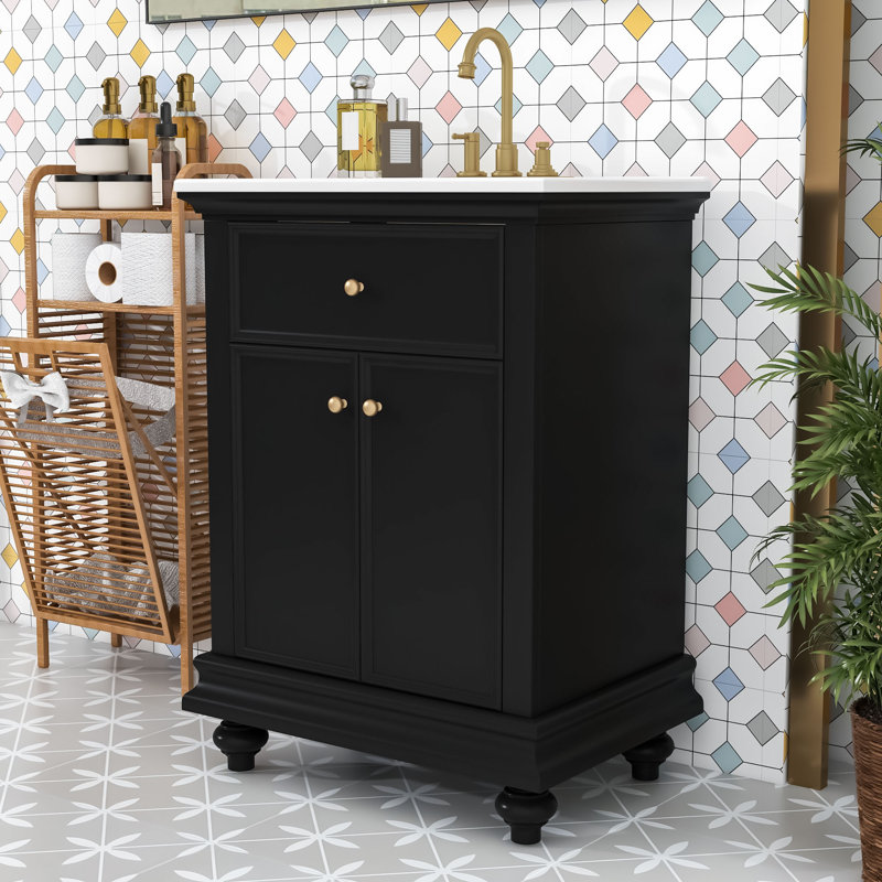 Meuble-lavabo élégant avec lavabo en céramique, tablette réglable, tiroir basculant et charnières à fermeture en douceur