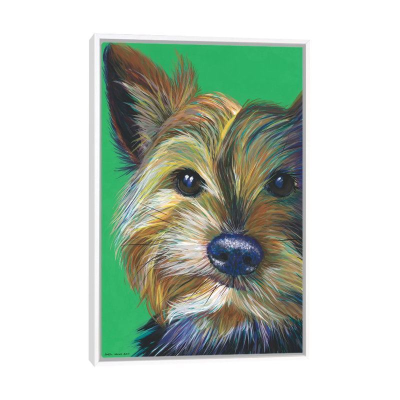 Yorkshire Terrier On Emerald by Kirstin Wood - Painting on Canvas, White Framed, 152.5 cm H x 101.5 cm W
