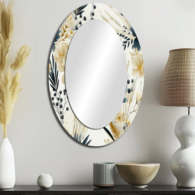 Neutre gris Accents de fleurs - Miroir décoratif floral ovale sur métal