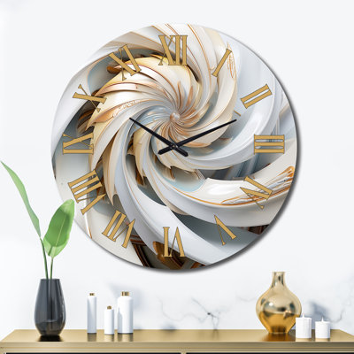 Whirling While Glam Fractals In Gold And White Wall Clock