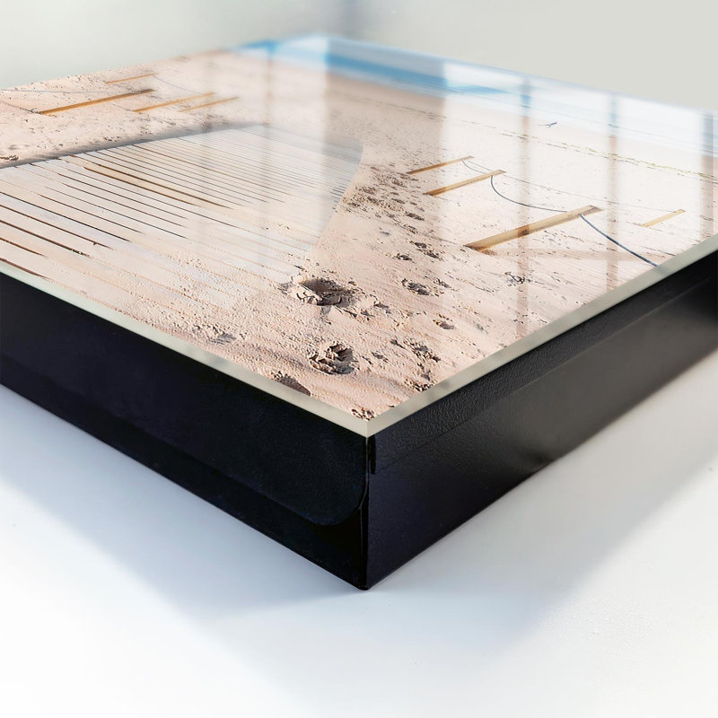Decorative key box for wall, Opens to the left, 30x30x5, Black, Wooden path on the beach in the morning, 