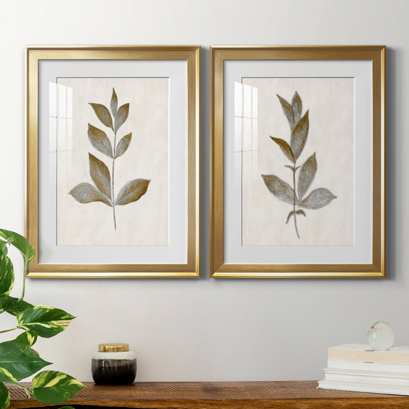 Bronze Leaf I - ensemble de 2 reproductions, Impression encadrée avec passe-partout, H 26,5 po x l 73 po, Doré
