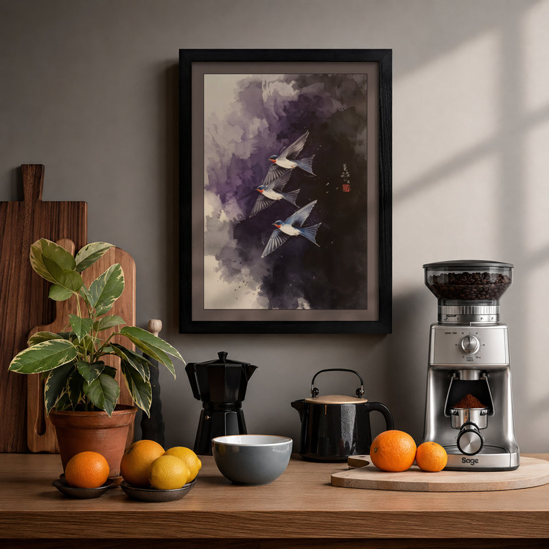 Birds Through Mist Modern - Framed Print, Black, A3 - 42.0 x 29.7 cm