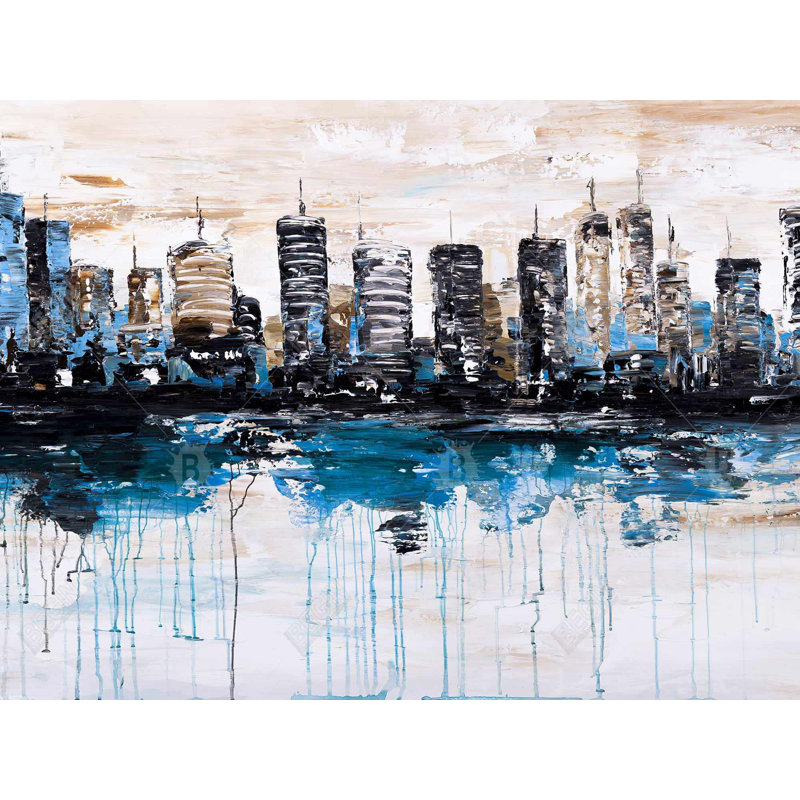 Abstract city with reflection on water Bath Mat with Non-Slip Backing - Quick Dry Memory Foam Bathroom Rug - Absorbent - Modern Plush Spa-Style - Machine Washable