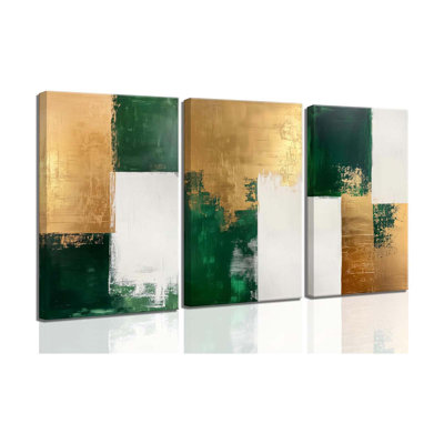 3 Pcs Emerald Green Canvas Wall Art Modern Luxury Abstract Minimalist Neutral Green Gold Paintings Pictures Wall Decor Poster Print Artwork For Living Room Bedroom Office