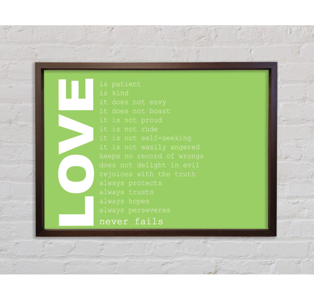 Love Quote Love Never Fails Lime Green Gerahmter Druck