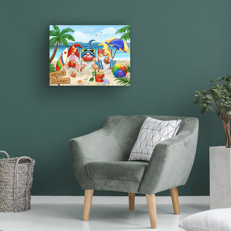 Art sur toile, ginomes à la plage, H 14 po x l 19 po