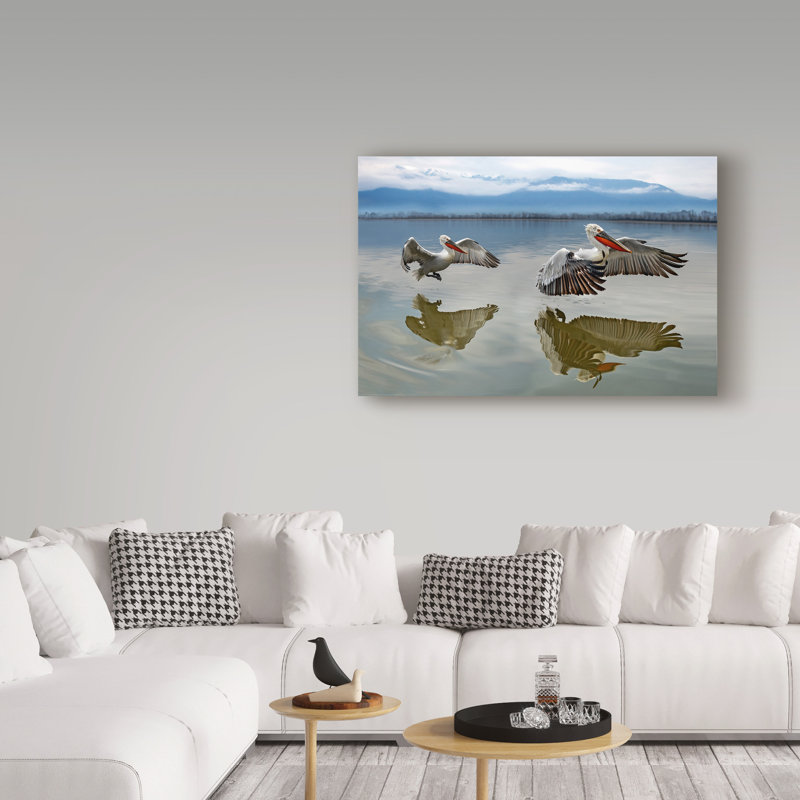 « pelicans flying », reproduction d’impression sur toile tendue, H 12 po x l 19 po x P 2 po