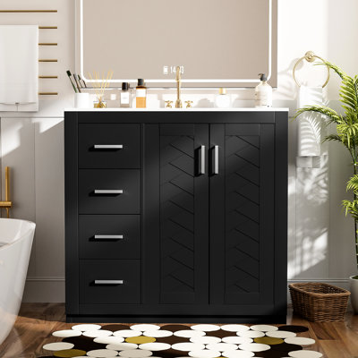 Meuble-lavabo de 36 po avec lavabo en céramique, armoire à cadre en bois massif, portes, planches, rangement spacieux pour les articles de toilette et les articles essentiels, design rétro, poignées exquises, fonctionnement à tiroir lisse, décor moderne