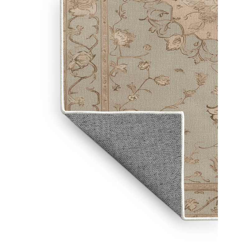 Tapis beige Tabriz lavable à la machine, Rond 7 pi