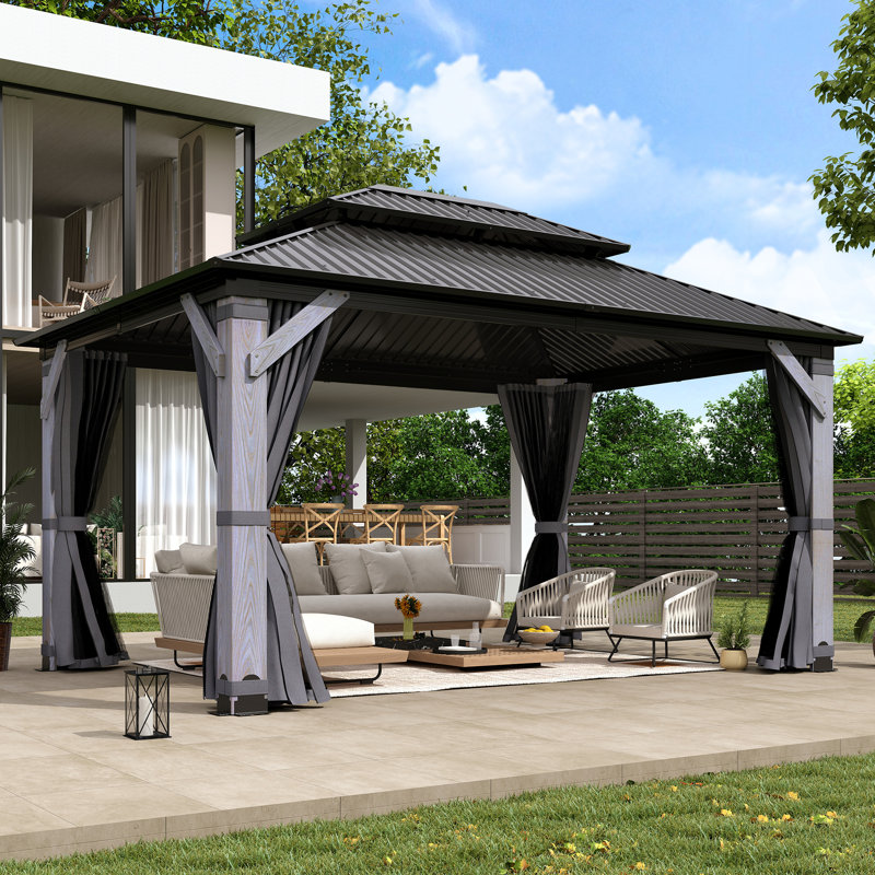 Gartoo 12 ft. W x 16 ft. D Outdoor Wood Gazebo, Hardtop Gazebo Permanent Cedar Wooden Gazebo with Galvanized Steel Double Roof, for Patio, Garden, Deck