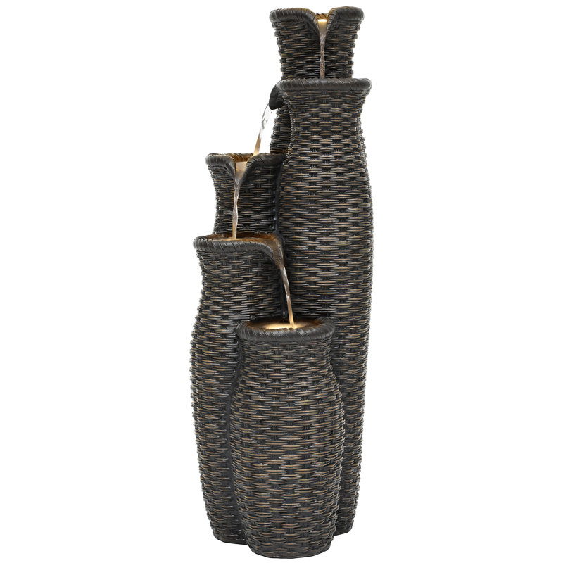 33"H Faux Rattan Vase Resin Outdoor Fountain with LED Light, Brown, 32.87" H x 12.01" W x 14.76" D