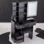 Petit meuble-lavabo de 29,2 po avec tabouret de bureau et tabouret rembourré à gauche 29,5 po, grande commande tactile, interrupteur tricolore, miroir à luminosité réglable, rangement à grande capacité, convient aux petits espaces