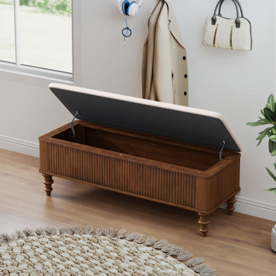 Banc de rangement multi-fonctionnel avec repose-pieds en bois d'hévéa massif et siège en lin, idéal pour la chambre à coucher et le vestibule