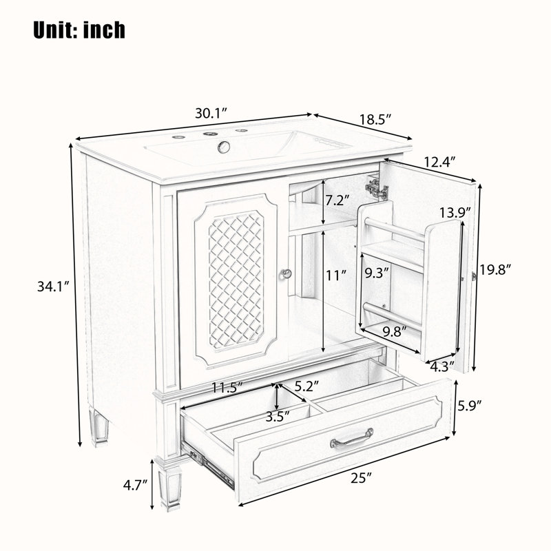 Meuble-lavabo avec lavabo et armoire avec tiroirs, Vert, Doré