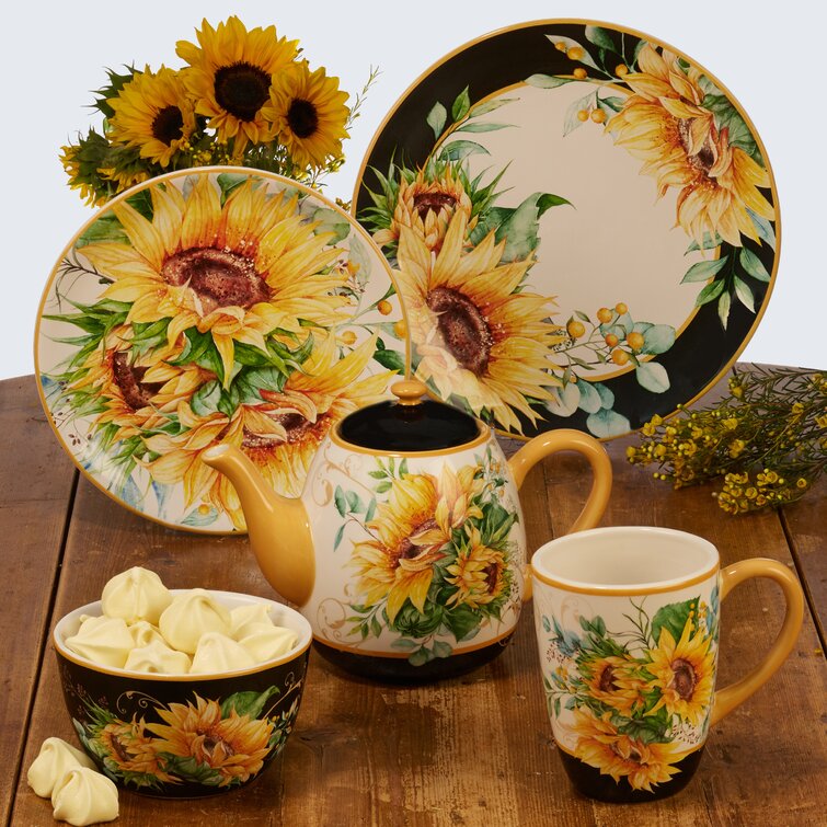 Sunflower Teapot and Tea Cup Set for One Polish Pottery 