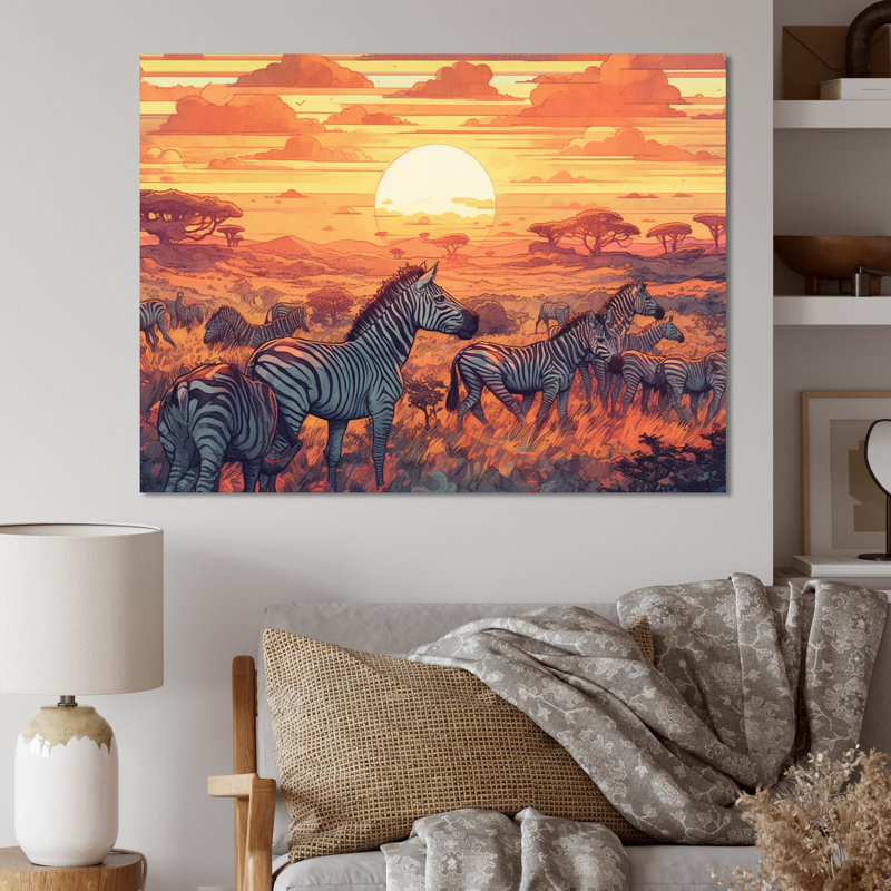 Safari africain orange avec zèbres sur toile, H 12 po x l 20 po x P 1 po, Toile tendue