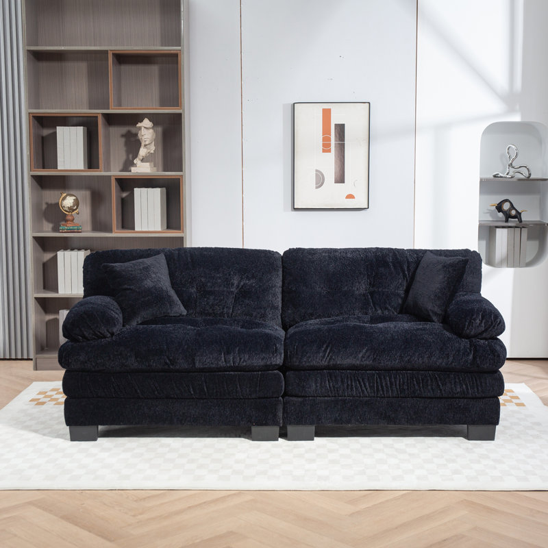 Canapé modulaire en chenille 2 places avec assise profonde John, Black Chenille